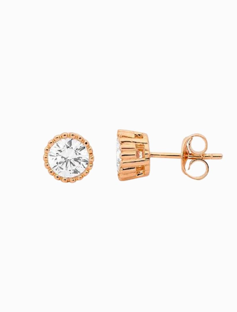 Stainless Steel 4mm Cubic Zirconia Crown Set Earring Rose Gold - Zjoosh