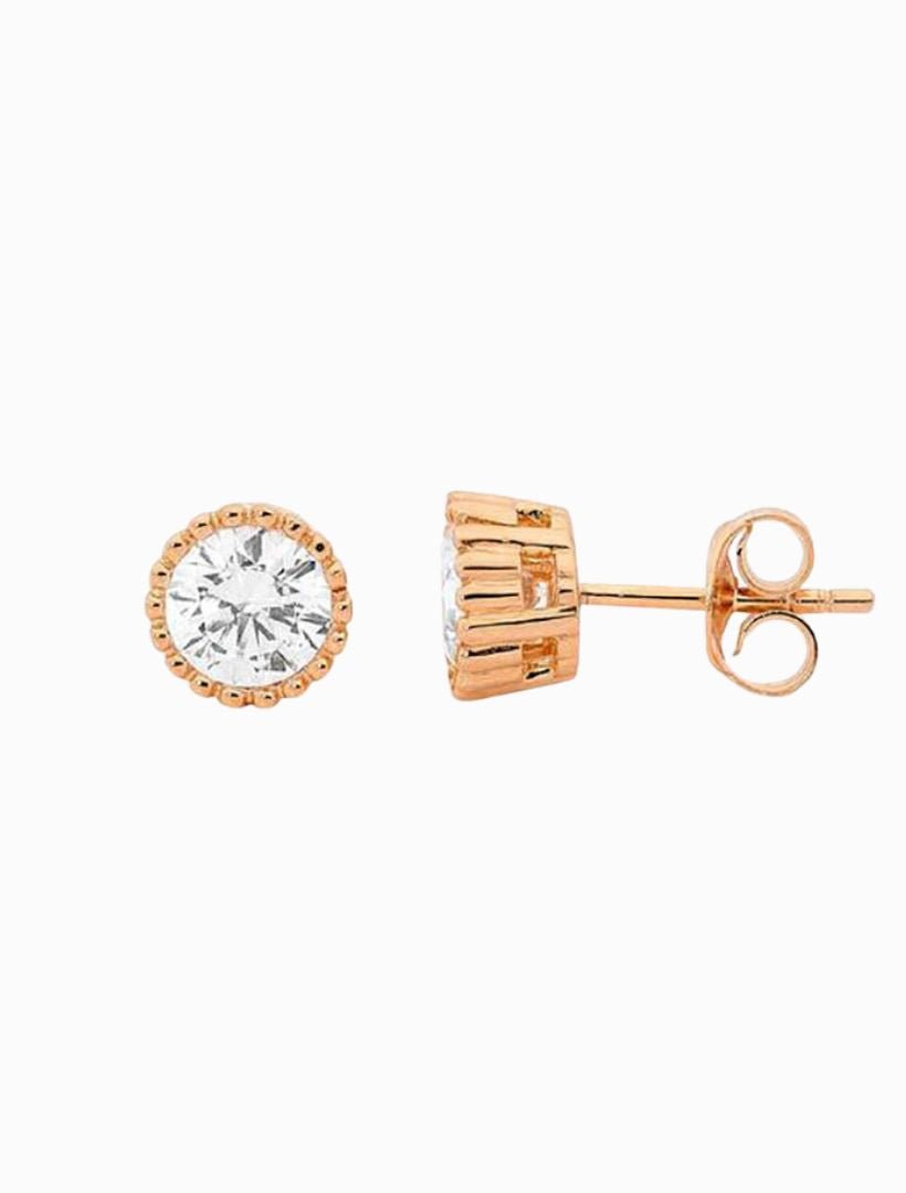 Stainless Steel 5mm Cubic Zirconia Crown Set Earring Rose Gold - Zjoosh