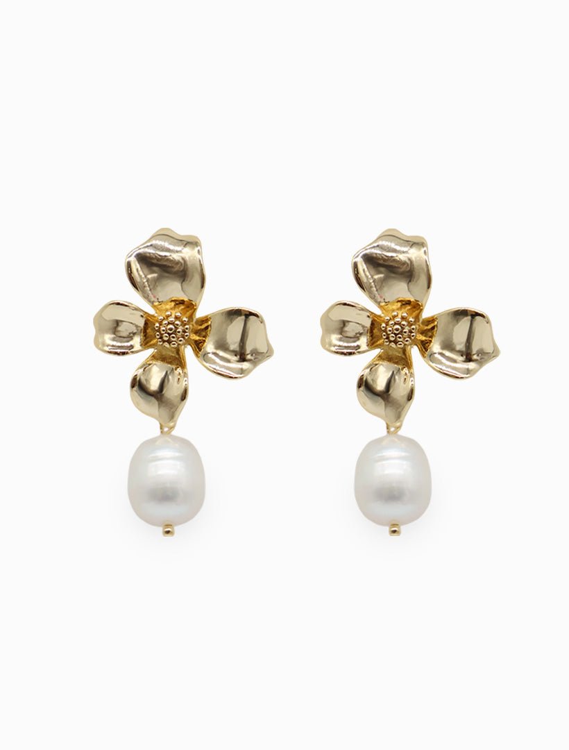 Symposium Shiny Gold Flower Pearl Drops - Zjoosh
