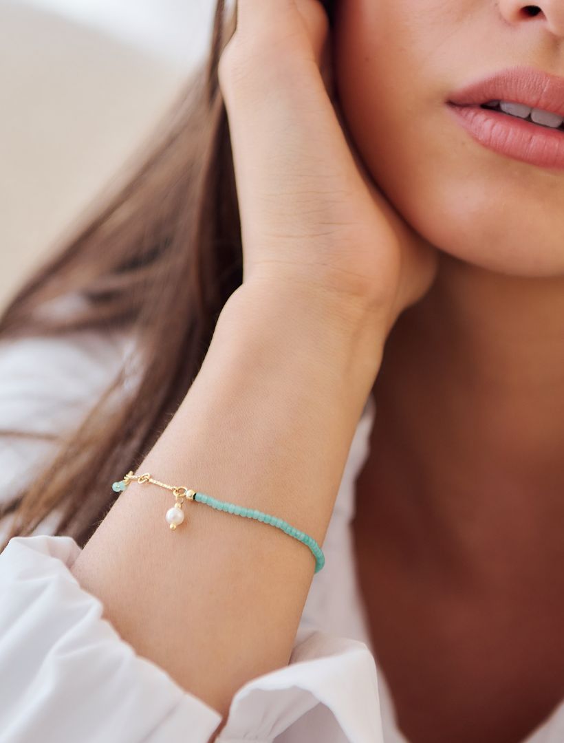 Turquoise Pearl and Gold Long Bracelet - Zjoosh