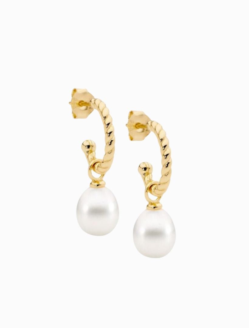 Twist Hoop Earrings w Freshwater Pearl Drop Gold - Zjoosh