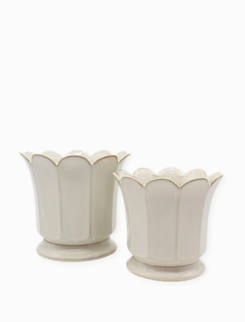 2 white scallop large and small vases