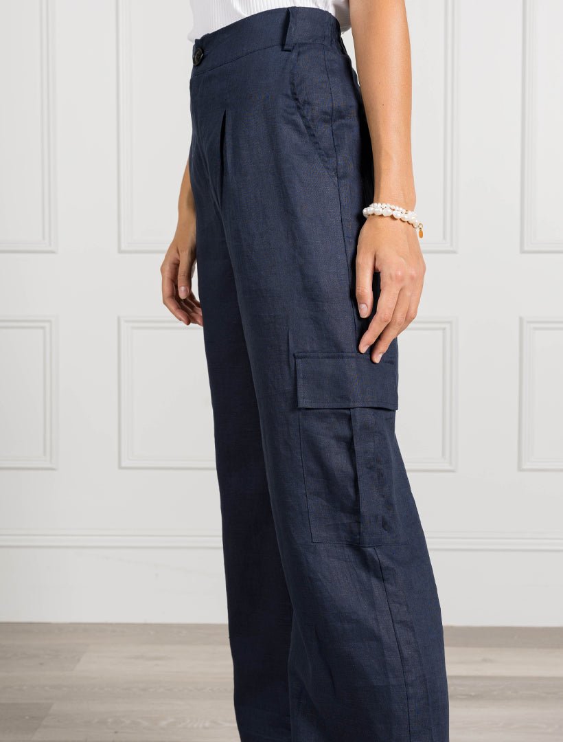 Wide Leg Linen Cargo Pant Navy - Zjoosh