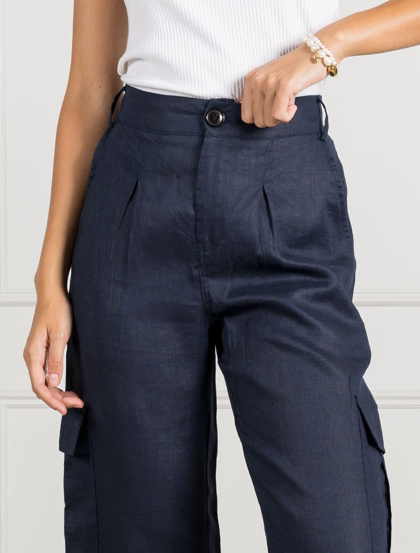 Wide Leg Linen Cargo Pant Navy - Zjoosh