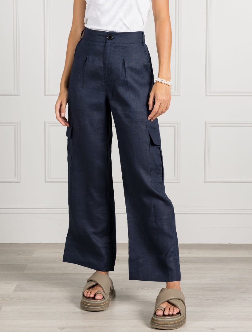 Wide Leg Linen Cargo Pant Navy - Zjoosh