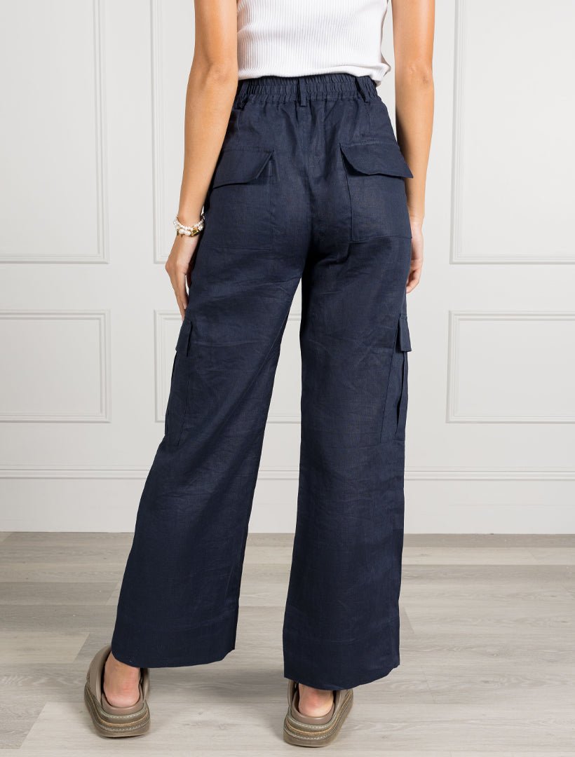 Wide Leg Linen Cargo Pant Navy - Zjoosh