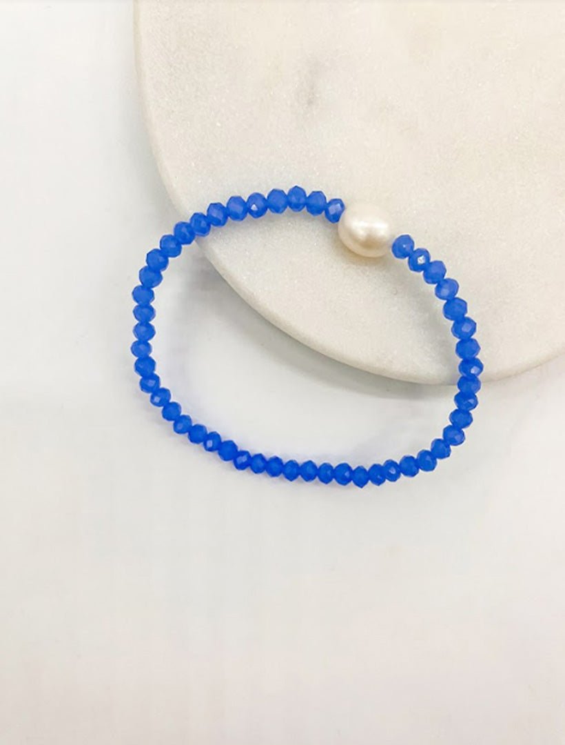 Crystal and Pearl Stretch Bracelet Light Blue - Zjoosh