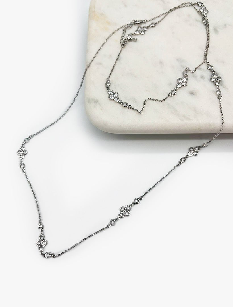 Crystal Chain Necklace Long Rhodium - Zjoosh