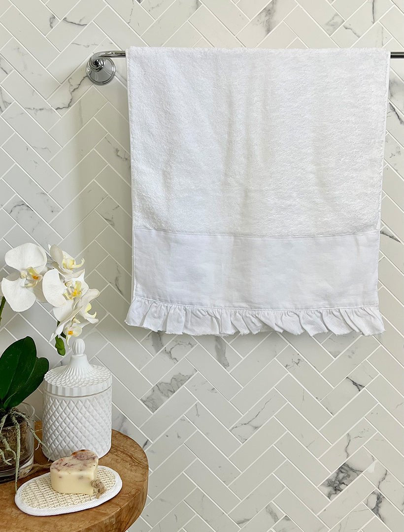 French Linen Ruffle Hand Towel White - Zjoosh