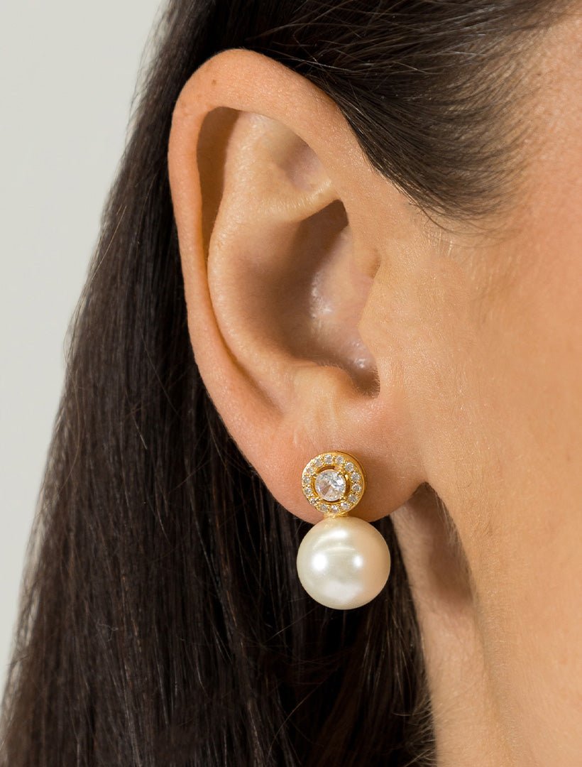 Lucienne White Crystal and Pearl Drop Studs - Zjoosh