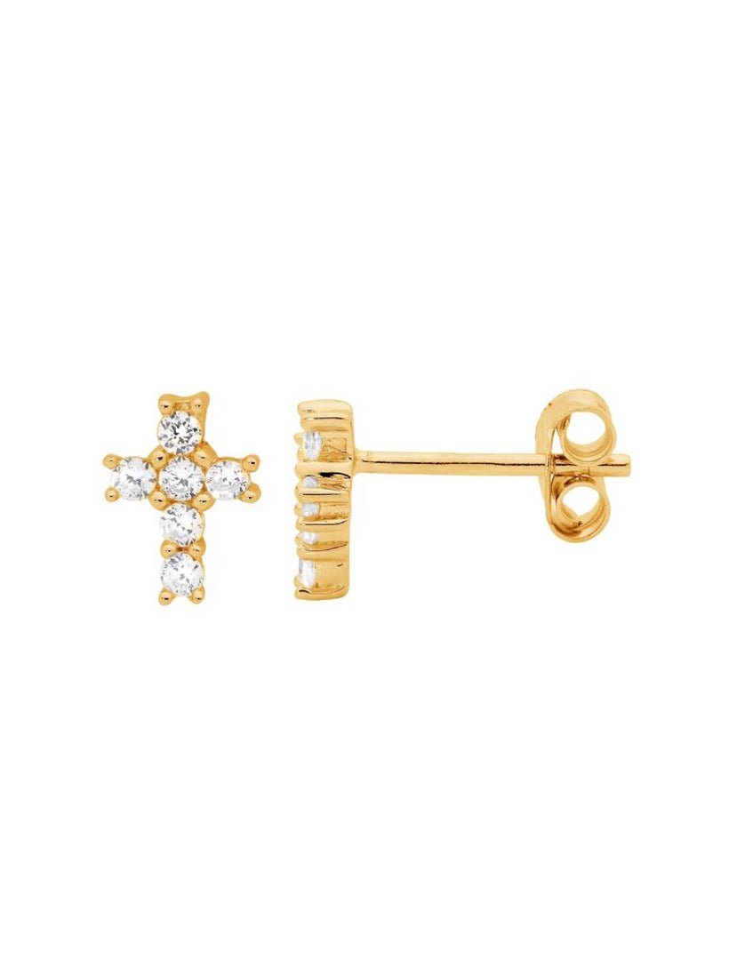 Ss Wh Cz Claw Set Small Cross Stud Earrings Gold - Zjoosh