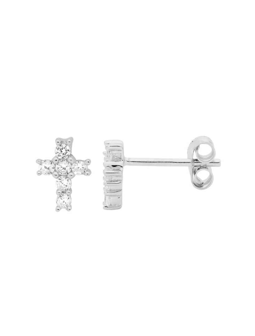 Ss Wh Cz Claw Set Small Cross Stud Earrings Rhodium - Zjoosh