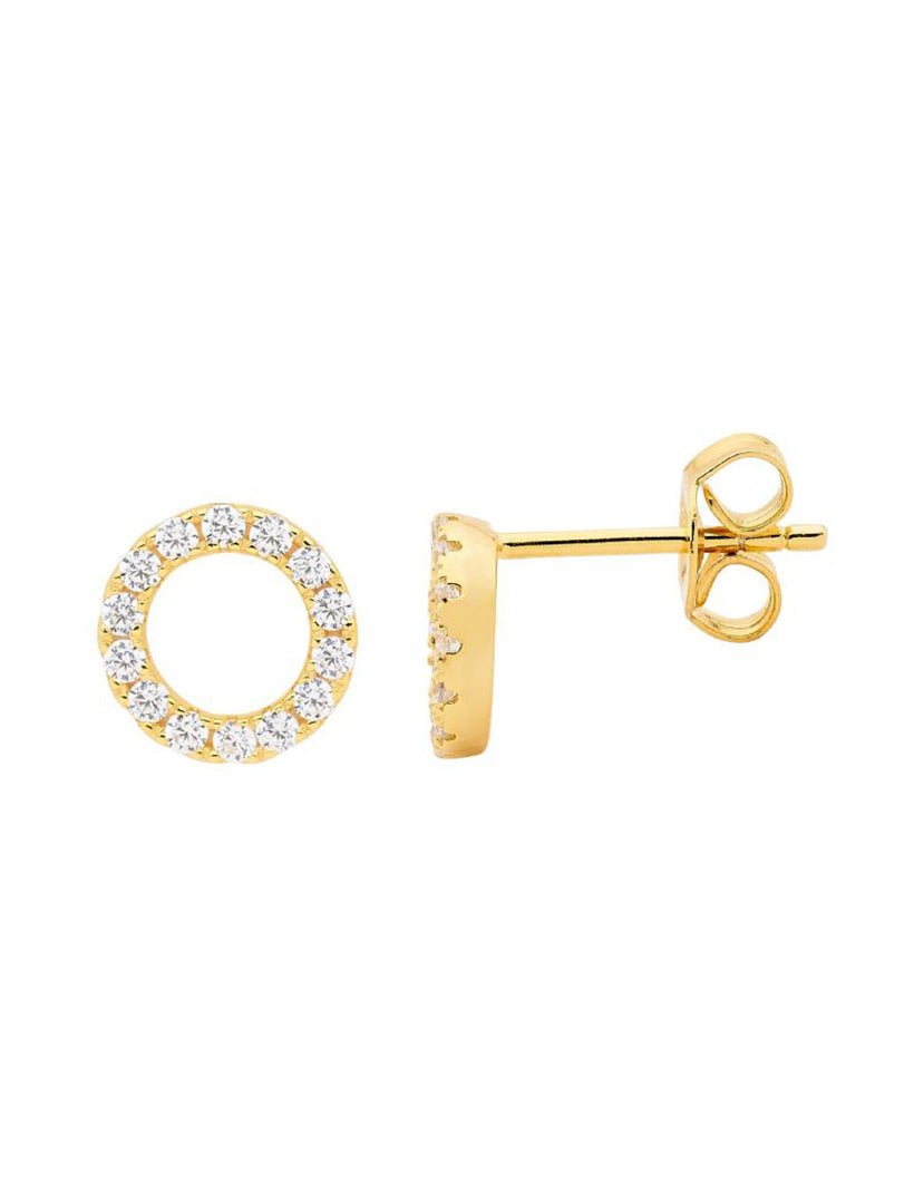 Ss Wh Cz Pave 8Mm Circle Stud Earrings Gold - Zjoosh