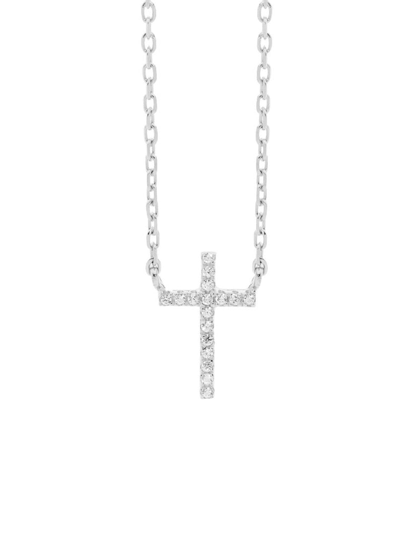 Ss Wh Cz Small Cross Necklace Rhodium - Zjoosh